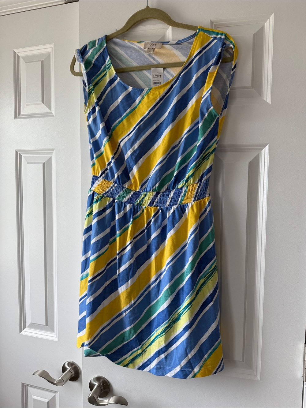 LOFT Blue, Yellow & Green Diagonal Stripe Dress